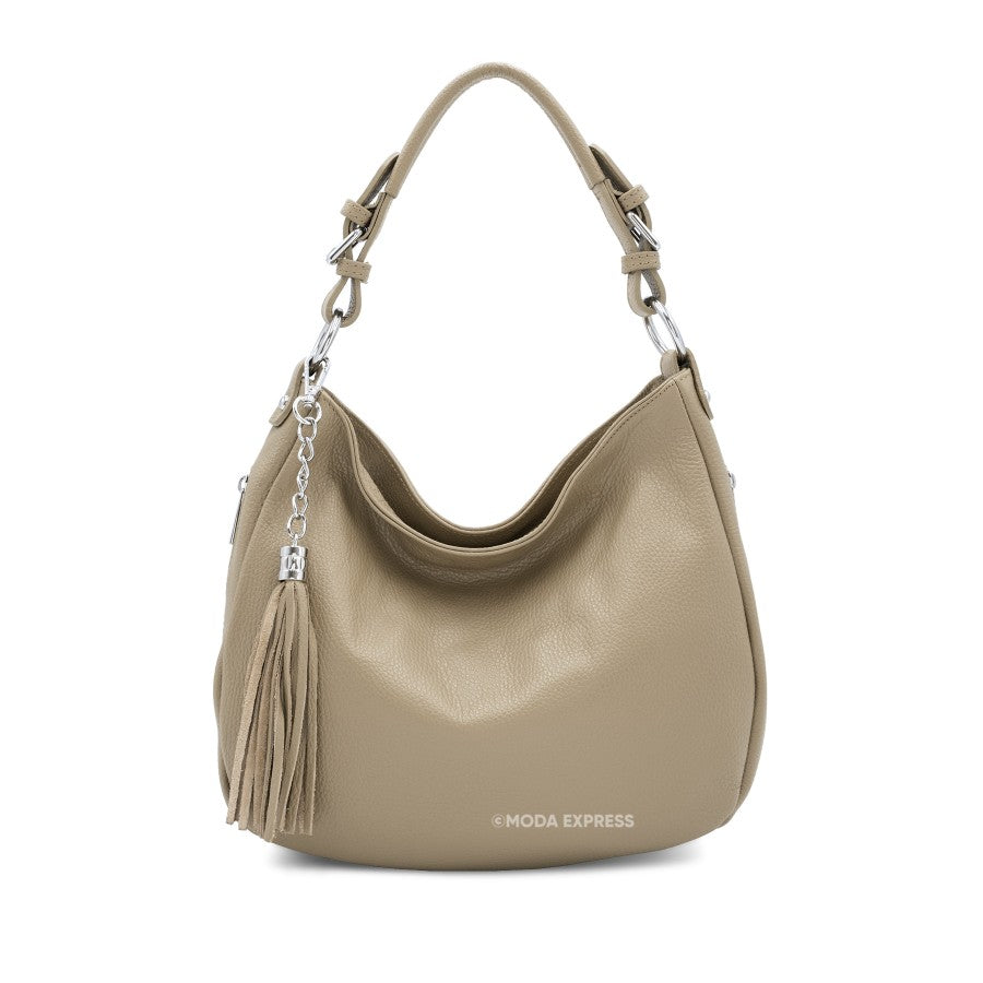 Italian Leather Beige Tassel Bag