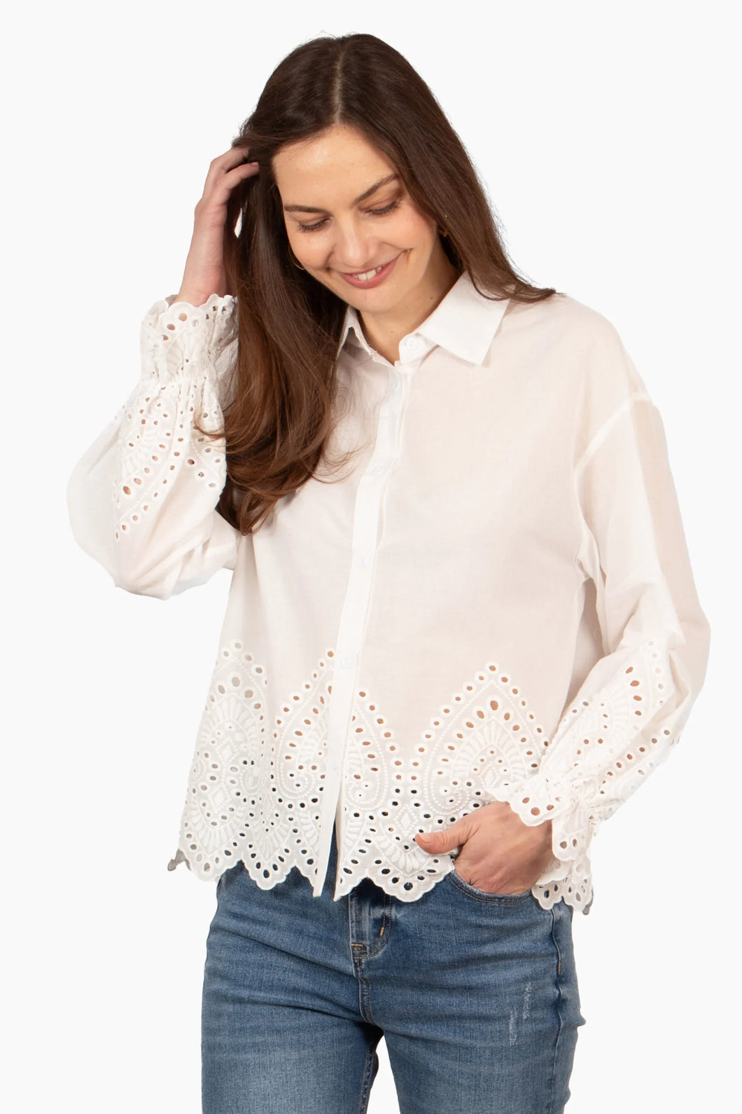 White Cotton Broderie Anglaise Shirt