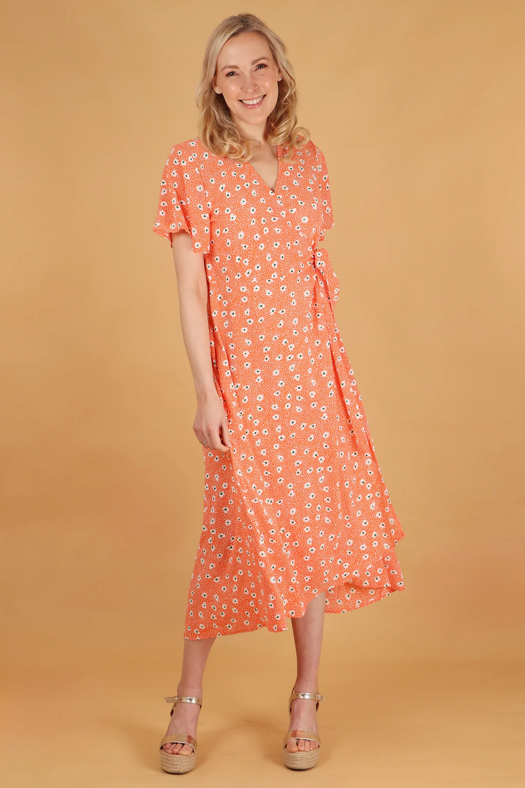 Orange Wrap Midi Dress
