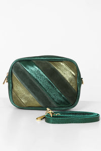 Italian Leather Metallic Stripe Green Crossbody Bag