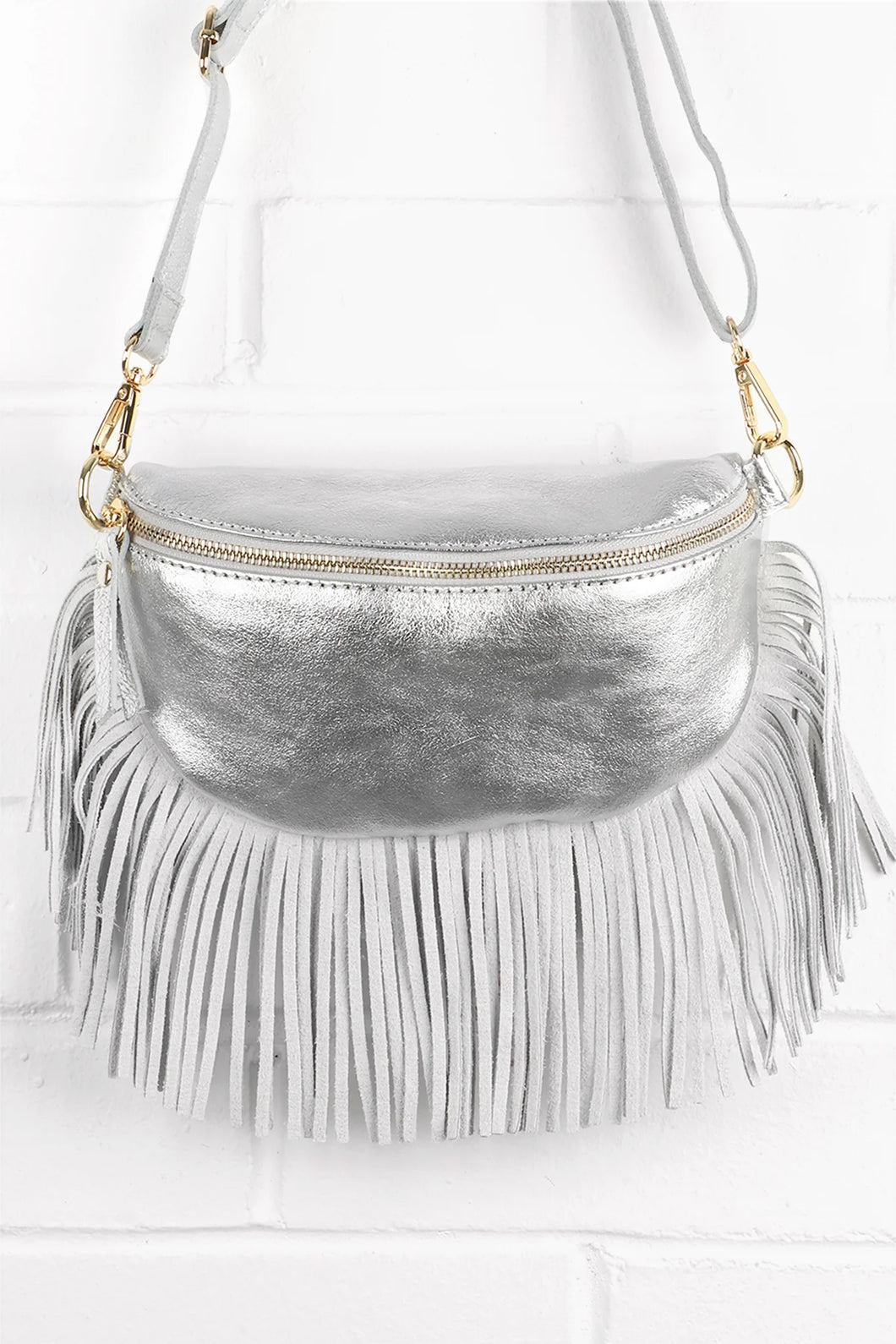Metallic Silver Leather Bag with Fringe Detail