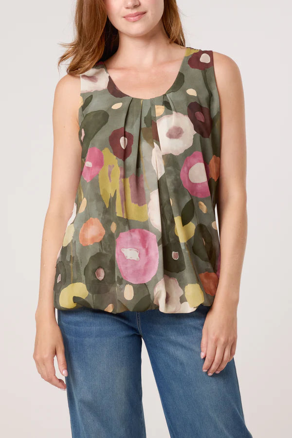 Circles Print Bubble Hem Khaki Top