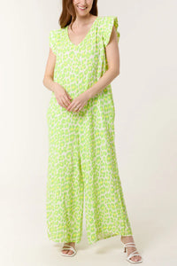 Green Print Cheesecloth Jumpsuit