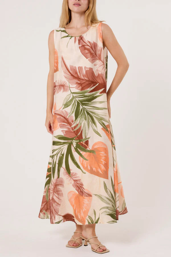 Leaf Print Sleeveless Maxi Dtess