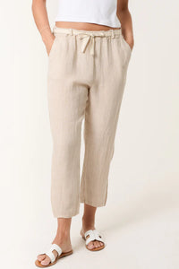 Beige Linen Pants with Embroidered Belt