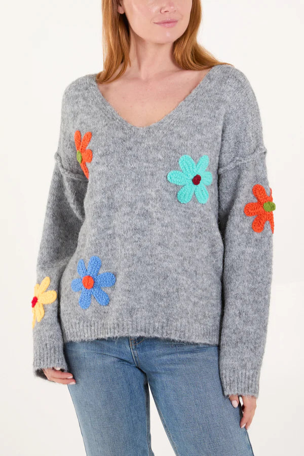 Grey Flower V Neck Sweater
