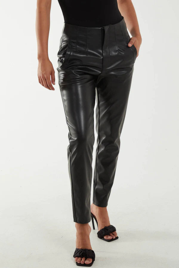 Black Leather Look Pintuck Slim Trousers