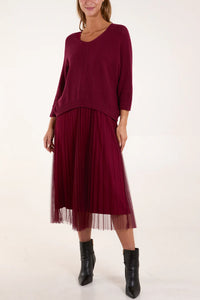 Wine Tulle Dress & Sweater Set