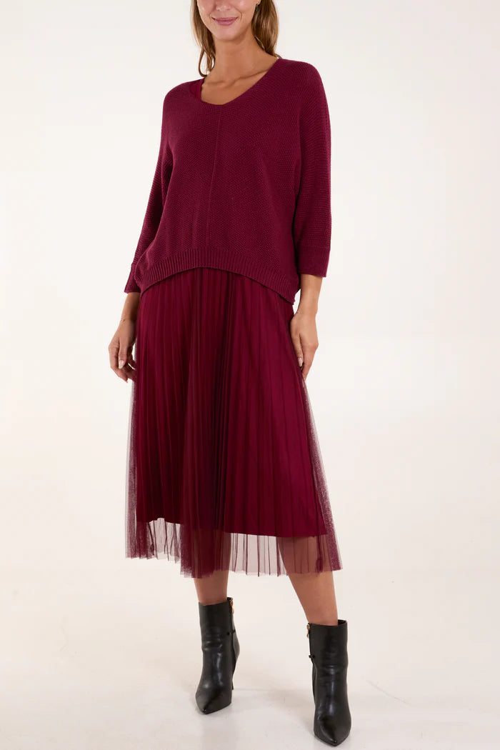 Wine Tulle Dress & Sweater Set