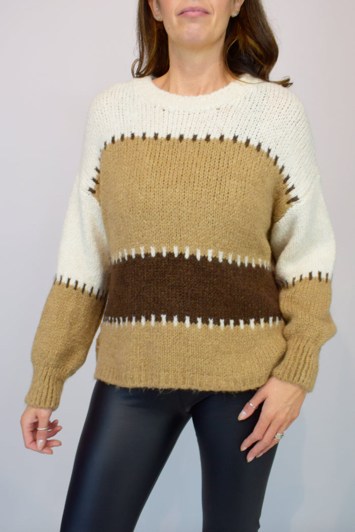 Blanket Stitch Mocha Stripe Swaeter