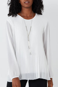 White Pleated Long Sleeve Top