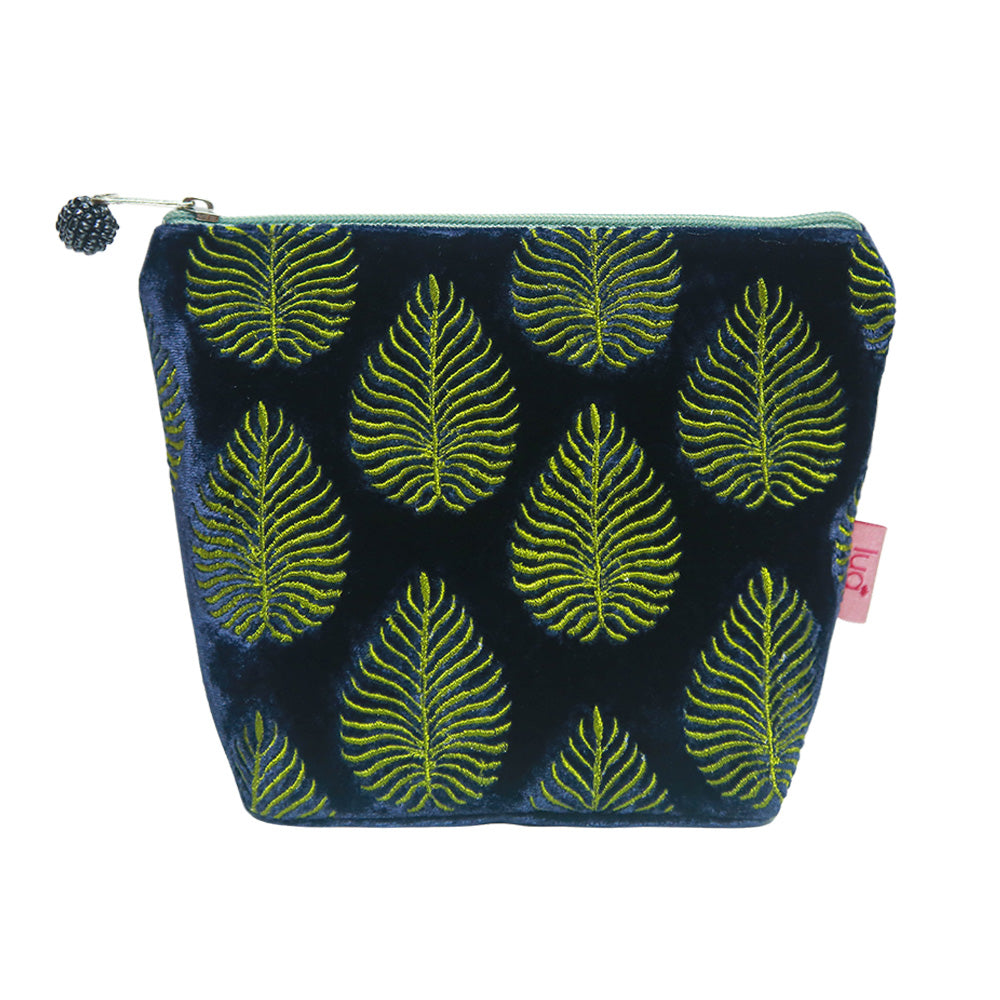 Navy Embroidered Leaf Cosmetic Purse