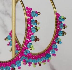 Turquoise & Pink Beaded Hoop