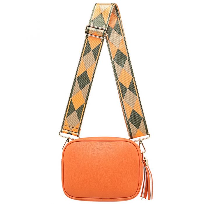 Orange Leather Camera Bag with Patterned Strap